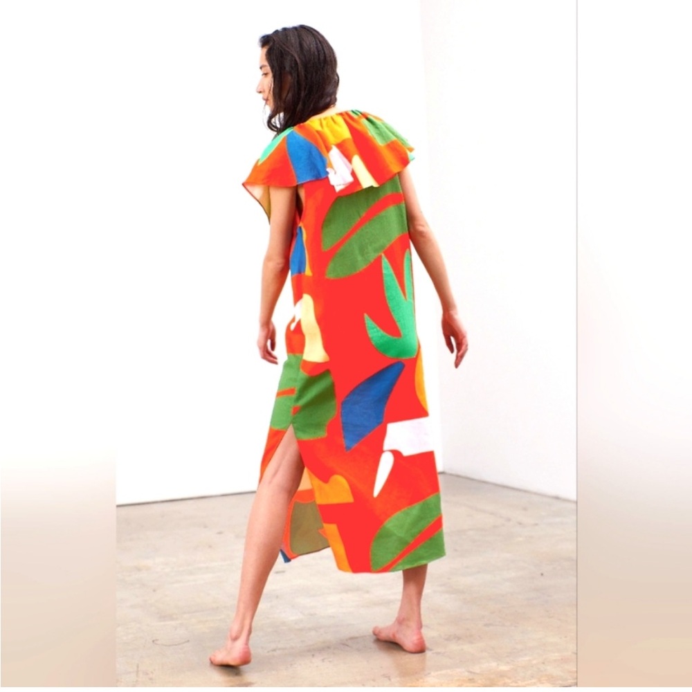 Mara Hoffman Julietta Colorful Linen Ruffle V-Neck Vacation Midi Dress - XS - Picture 5 of 7
